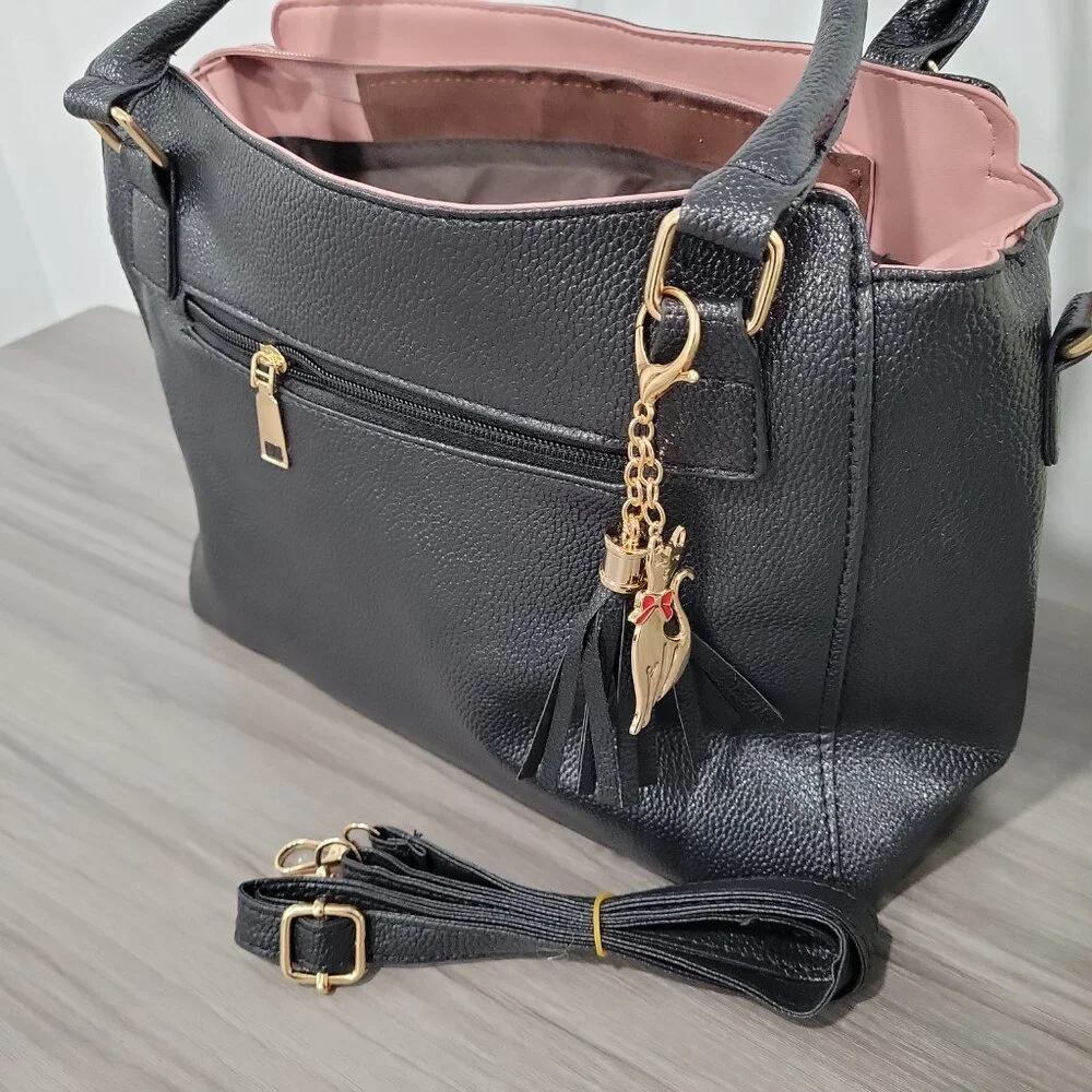 Black Faux Leather Tote Bag Pink Accents Satchel Crossbody Purse w Charm - Picture 5 of 10